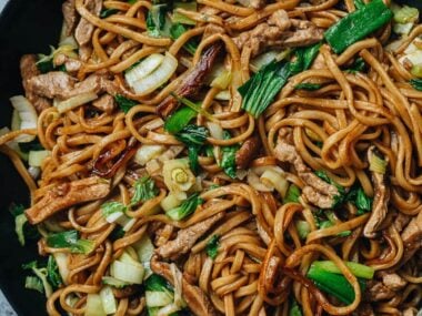 Shanghai fried noodles in a pan