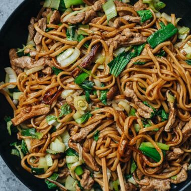 Shanghai fried noodles in a pan