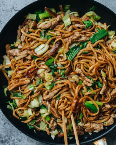 Shanghai fried noodles in a pan