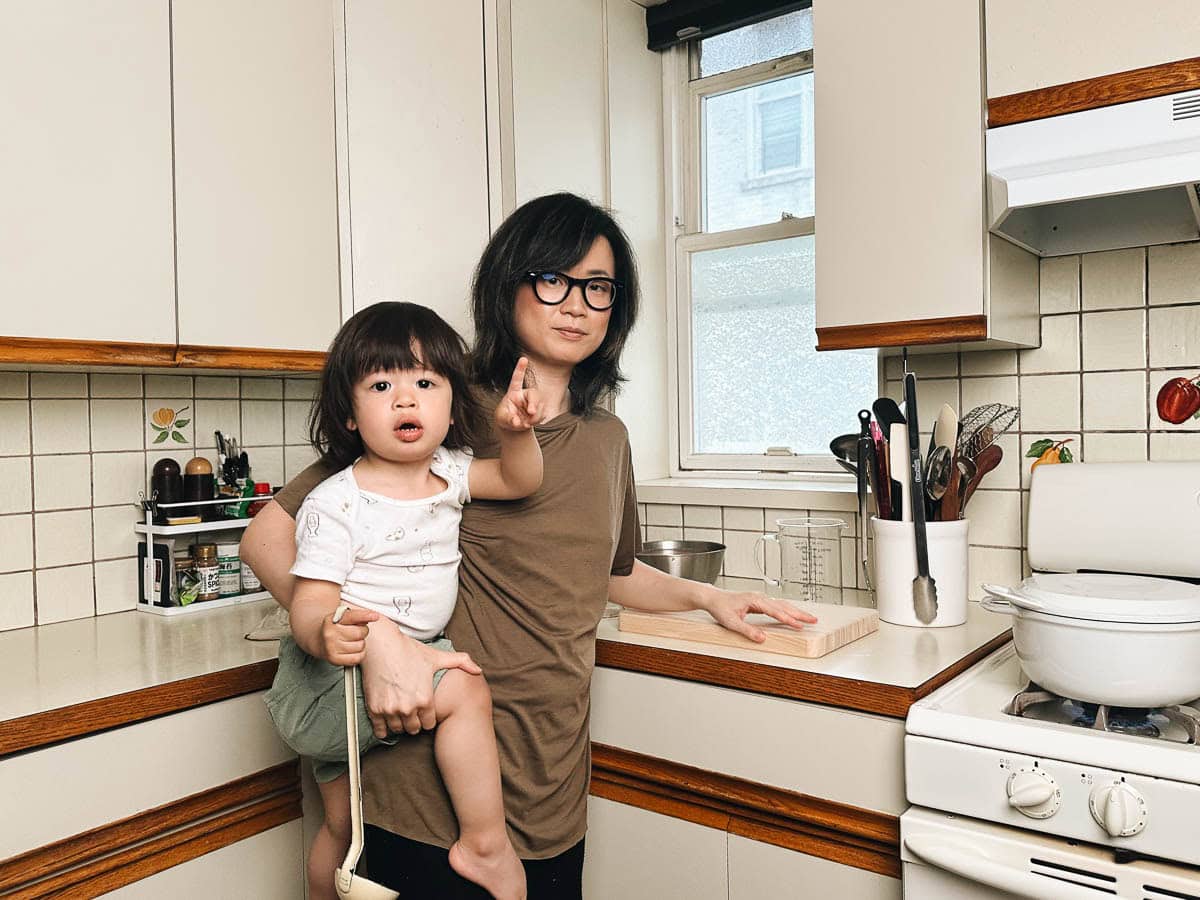 Maggie Zhu with James in the kitchen