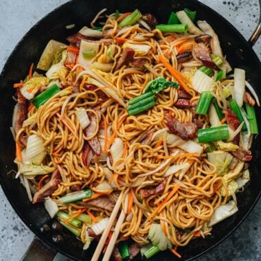 Homemade roast pork lo mein in a pan