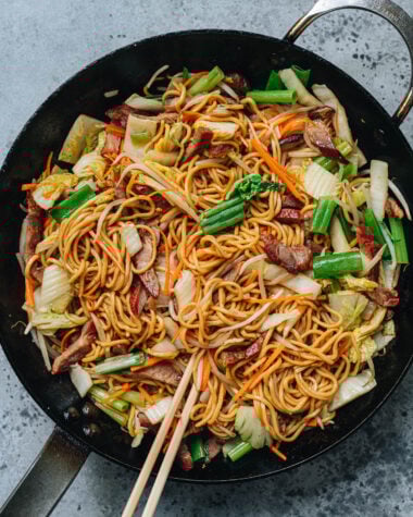 Homemade roast pork lo mein in a pan