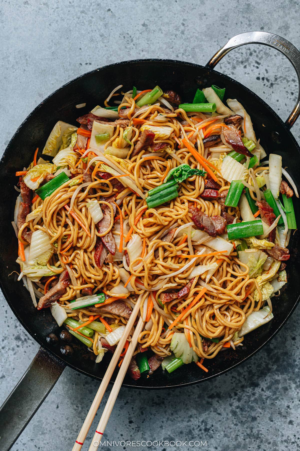 Homemade roast pork lo mein in a pan