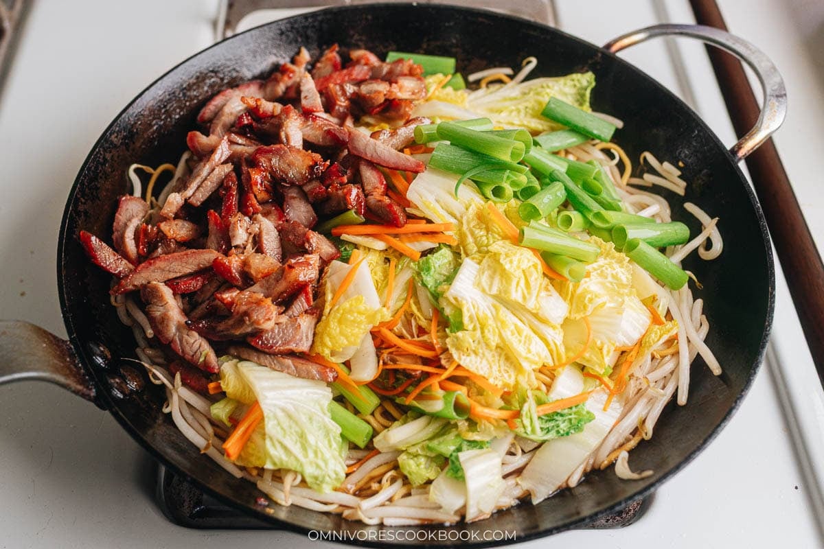 Add back the char siu and vegetables