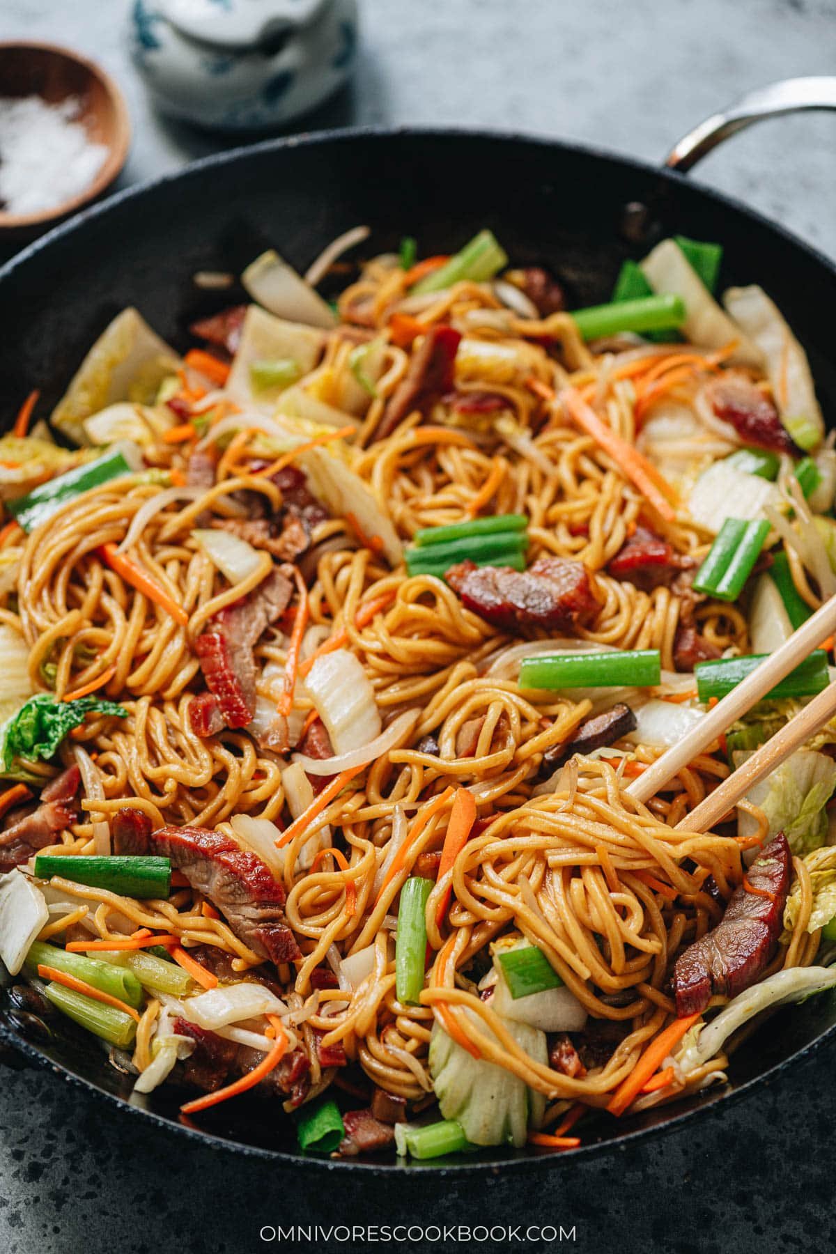 Char siu noodles in a pan close up