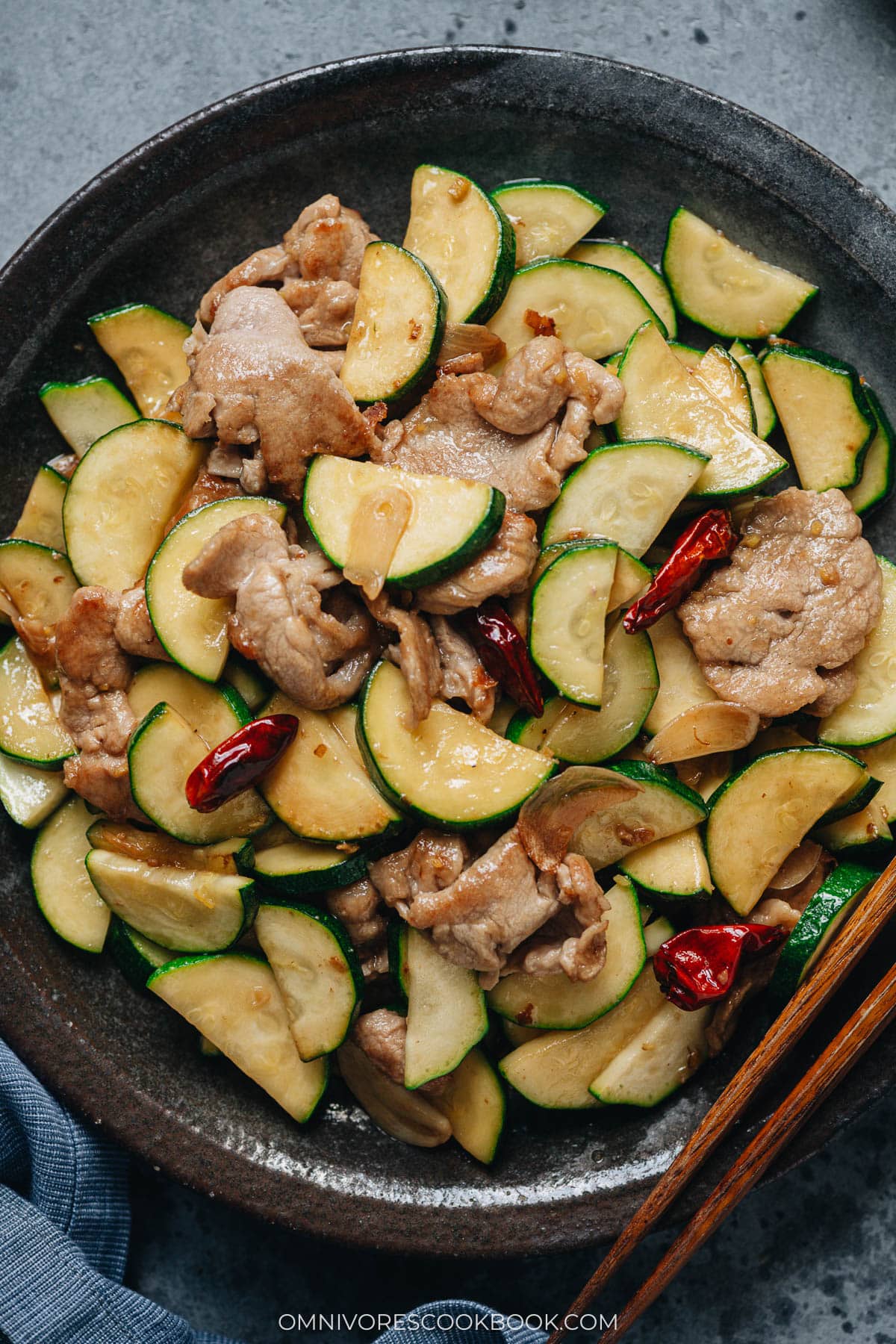 Chinese zucchini and pork stir fry close up