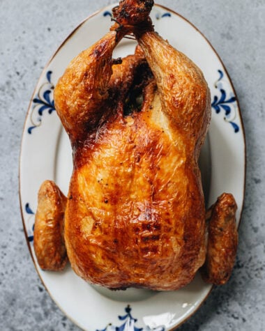 Air fryer Chinese roast whole chicken served on a plate