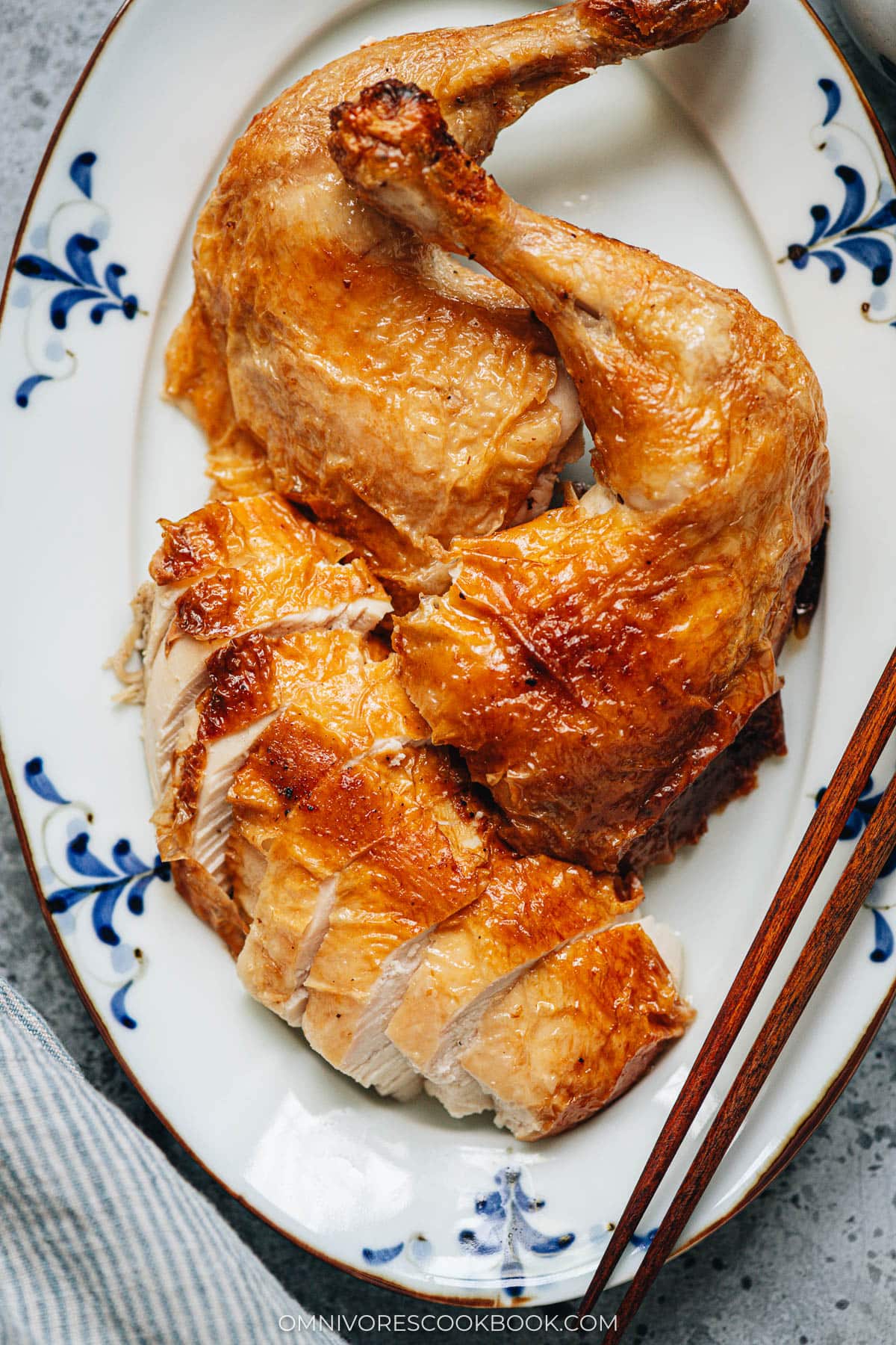 Carved up air fryer Chinese roast chicken served on a plate