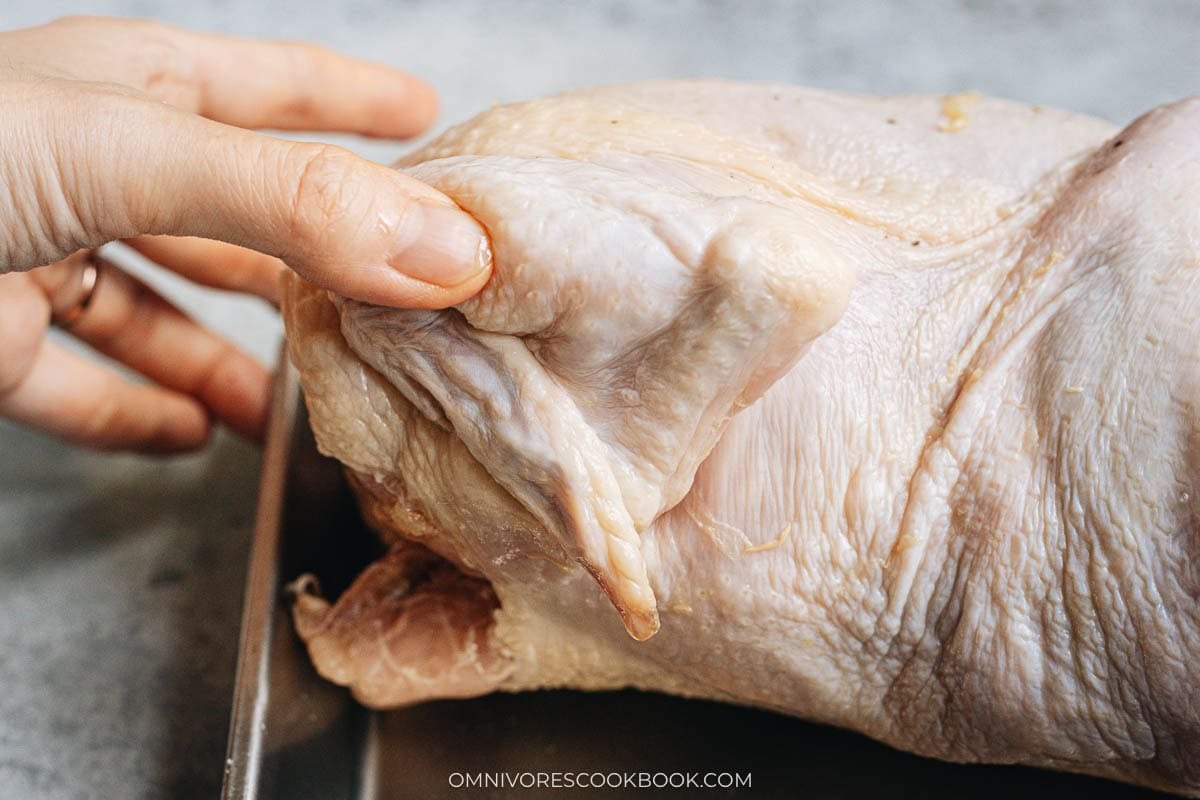 Tuck wing tip under the chicken back
