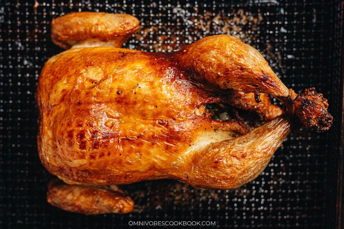 Roasted chicken on an air fryer tray