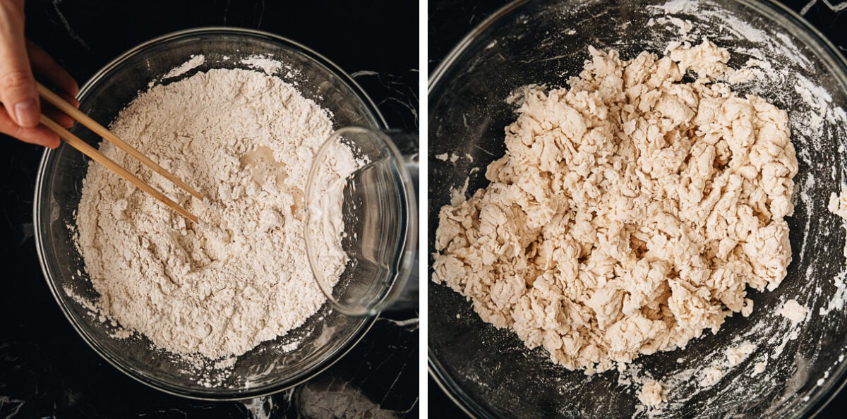 Adding water into flour
