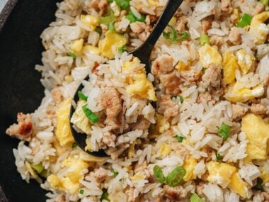 Ginger fried rice close up with a spoon