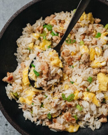 Ginger fried rice close up with a spoon