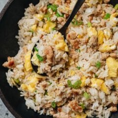 My ginger fried rice uses ground chicken to add richness and texture, working perfectly with the crispy rice that’s infused with the warm zesty ginger flavor. It is great either as a side dish or a light one-pan main dish.