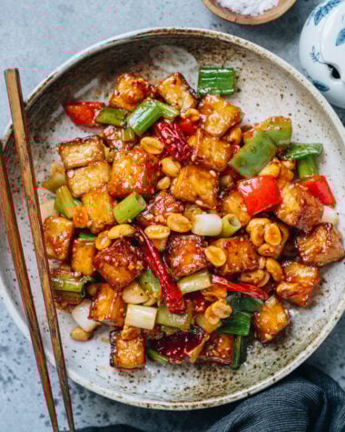 Kung pao tofu served in a plate