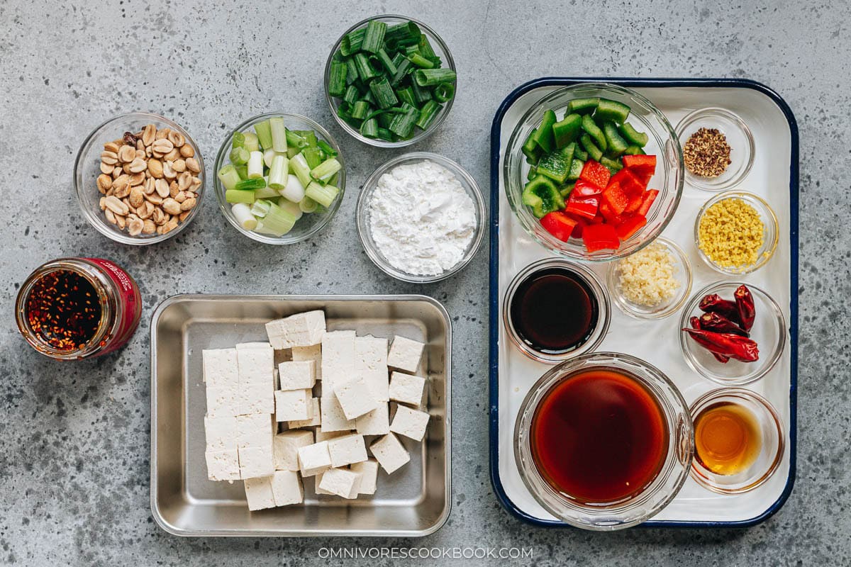Ingredients for making kung pao tofu