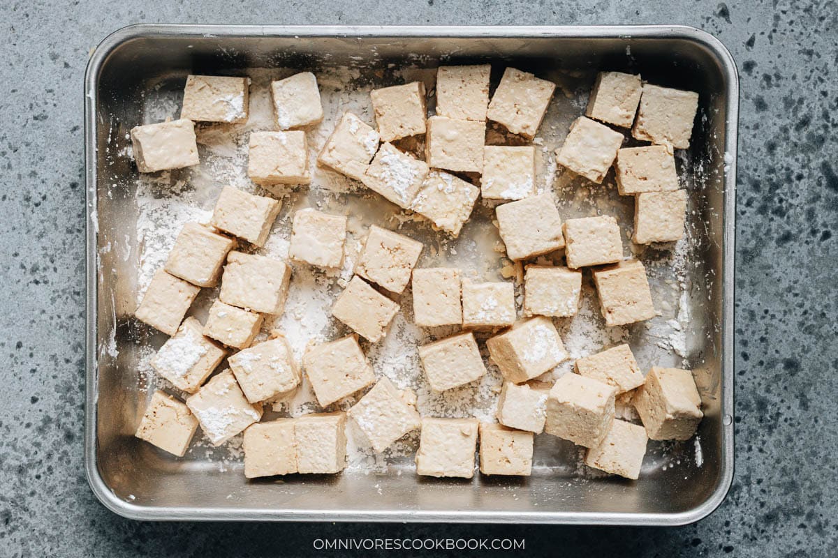 Coat the tofu with cornstarch