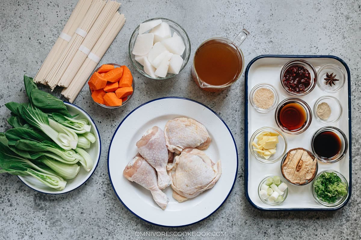 Ingredients for making Chinese spicy chicken noodle soup