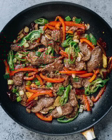 Chinese stir fried duck in a pan