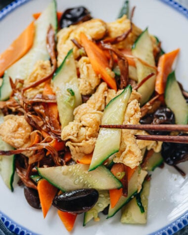 Northern Chinese cucumber and egg stir fry close up