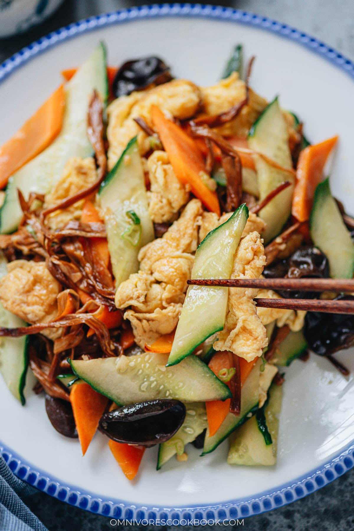 Northern Chinese cucumber and egg stir fry close up