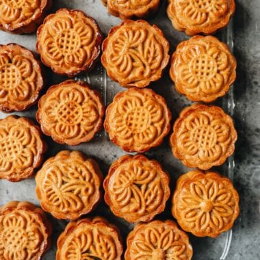 Homemade traditional Cantonese mooncakes in a baking dish