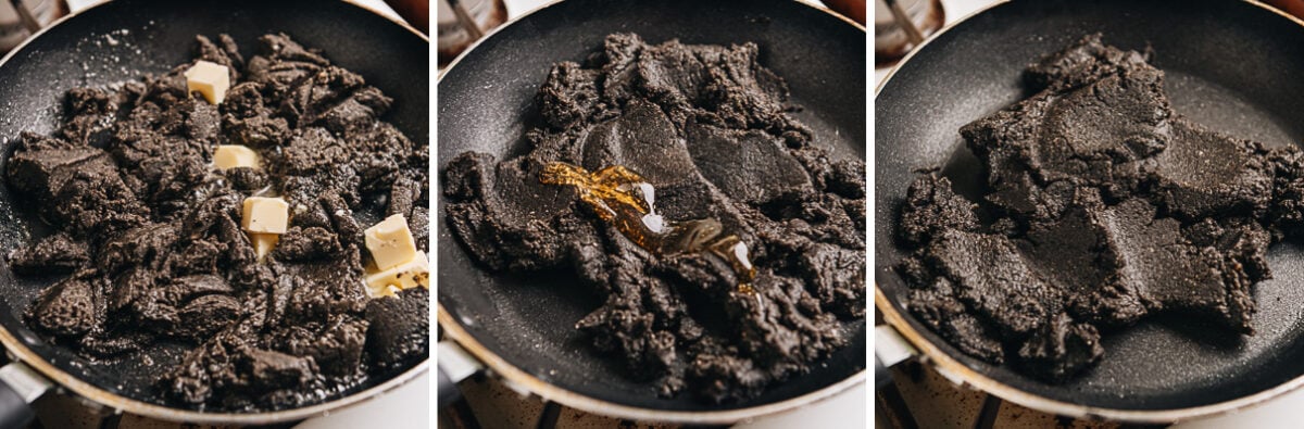 Cook black sesame seeds paste for traditional mooncake