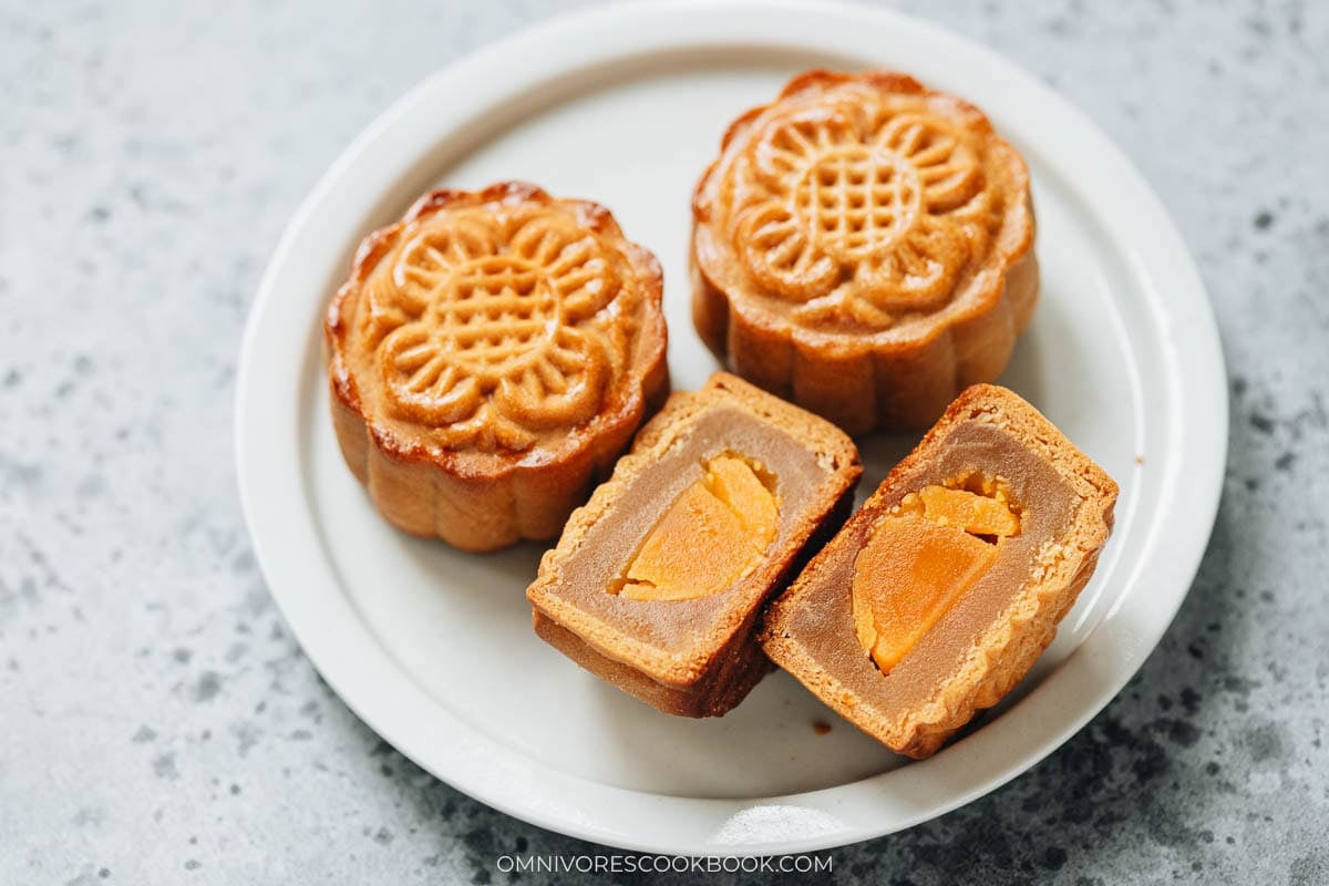 Traditional mooncake with lotus seed paste and duck egg yolk filling