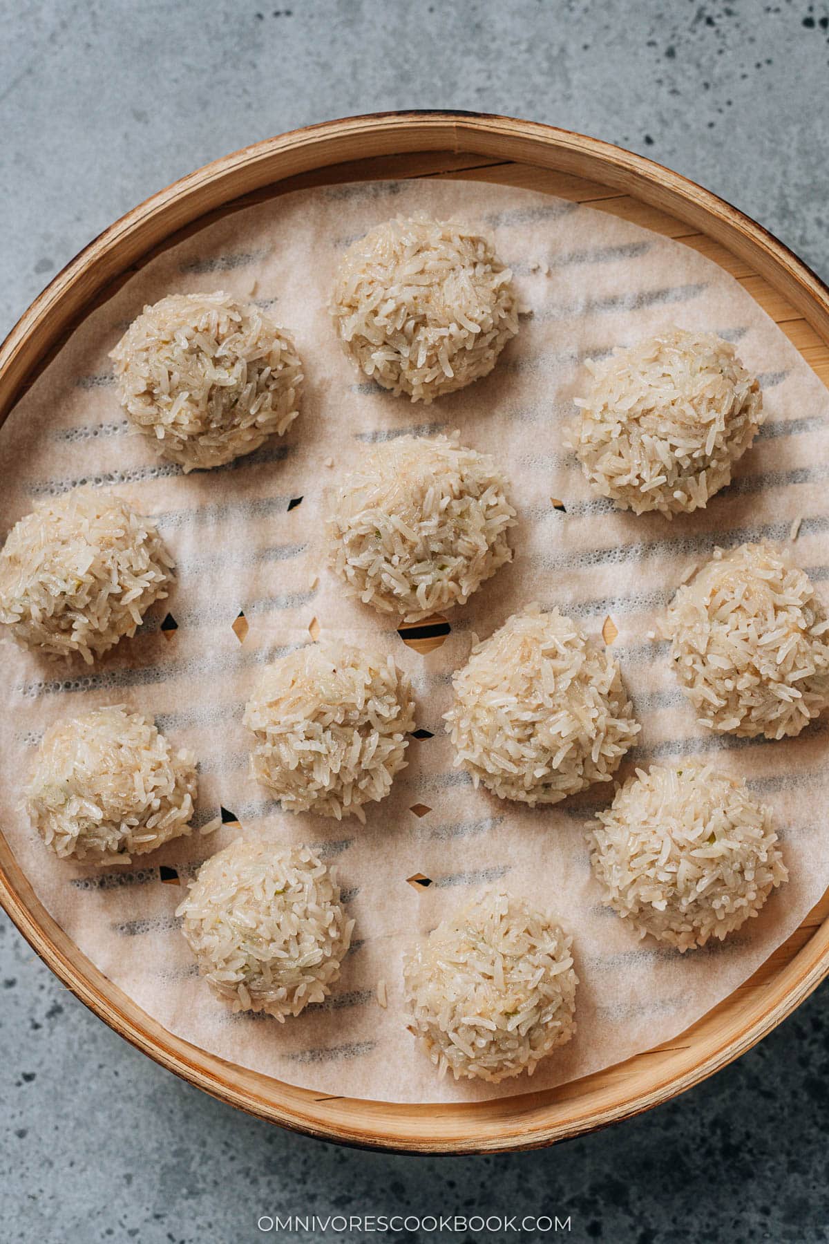 Chinese pearl balls in a bamboo steamer