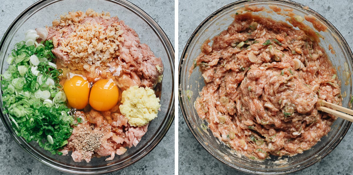 Mixing ground pork with seasonings
