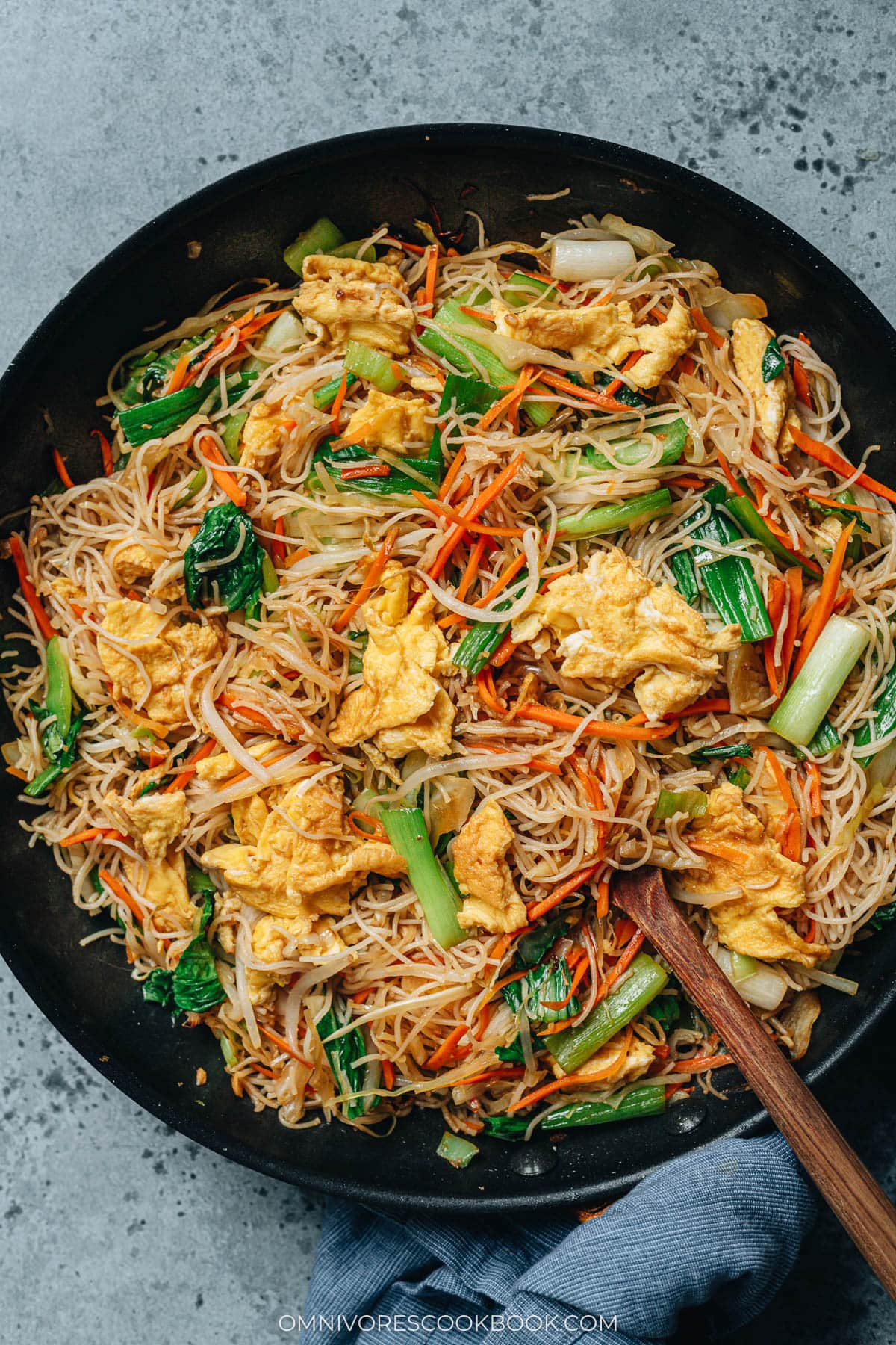 Chinese vegetable mei fun in a skillet 