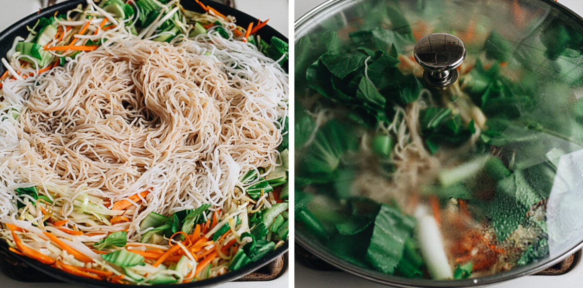 Steam the vegetables and rice noodles