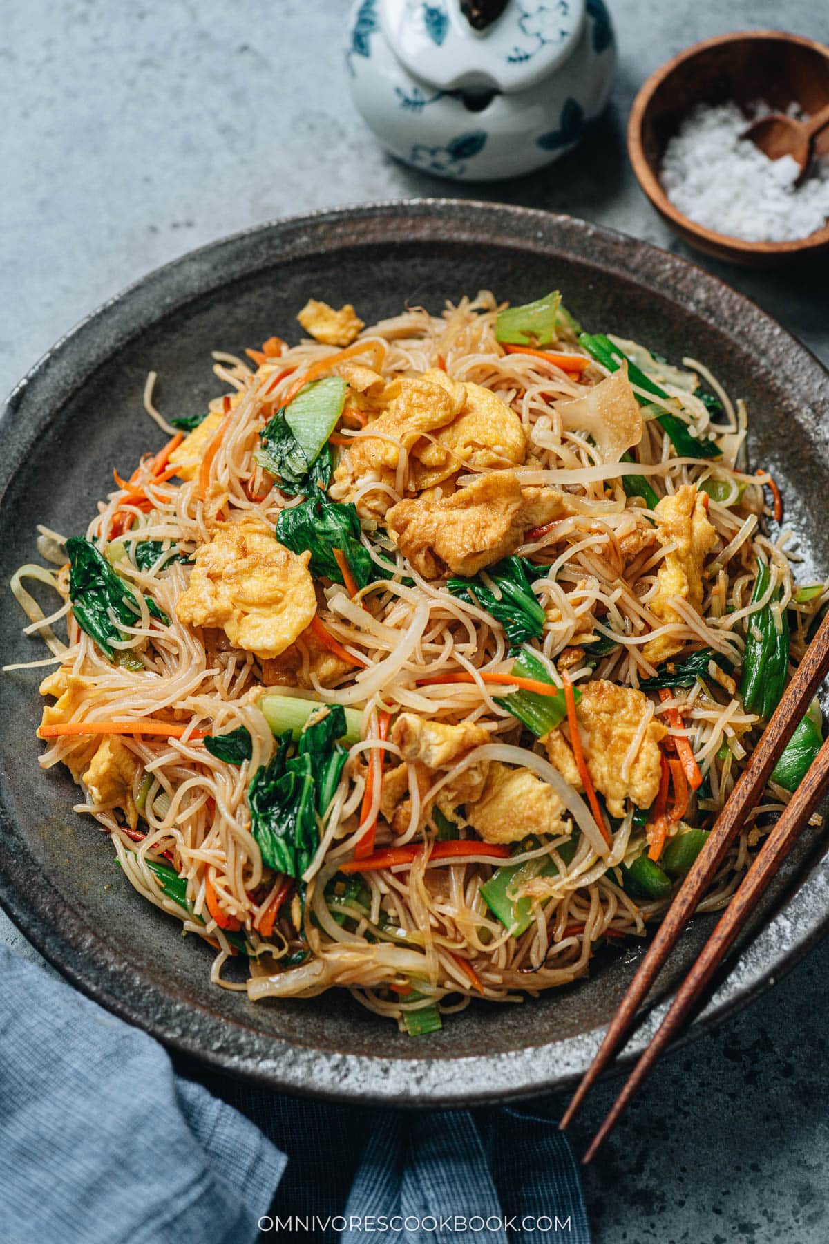 Homemade vegetable mei fun served in a plate
