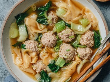 Deconstructed wonton soup served in a bowl