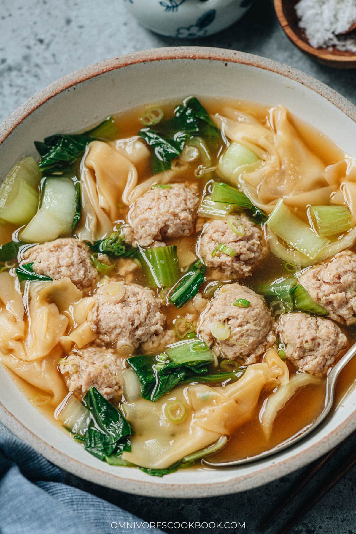 Deconstructed wonton soup close up