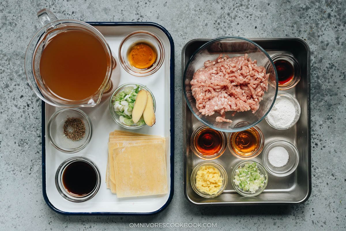 Ingredients for making deconstructed wonton soup