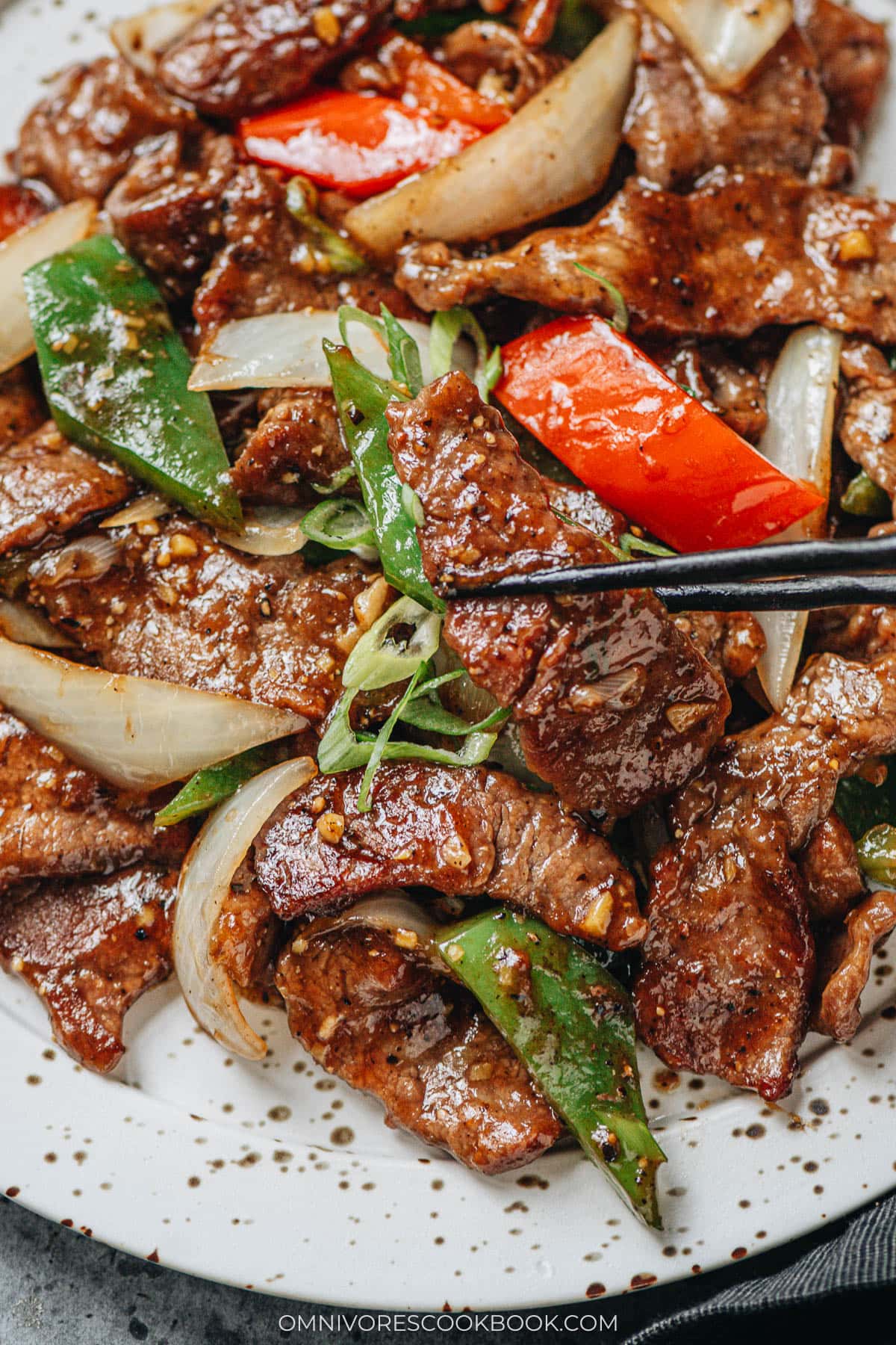 Chinese black pepper steak close up