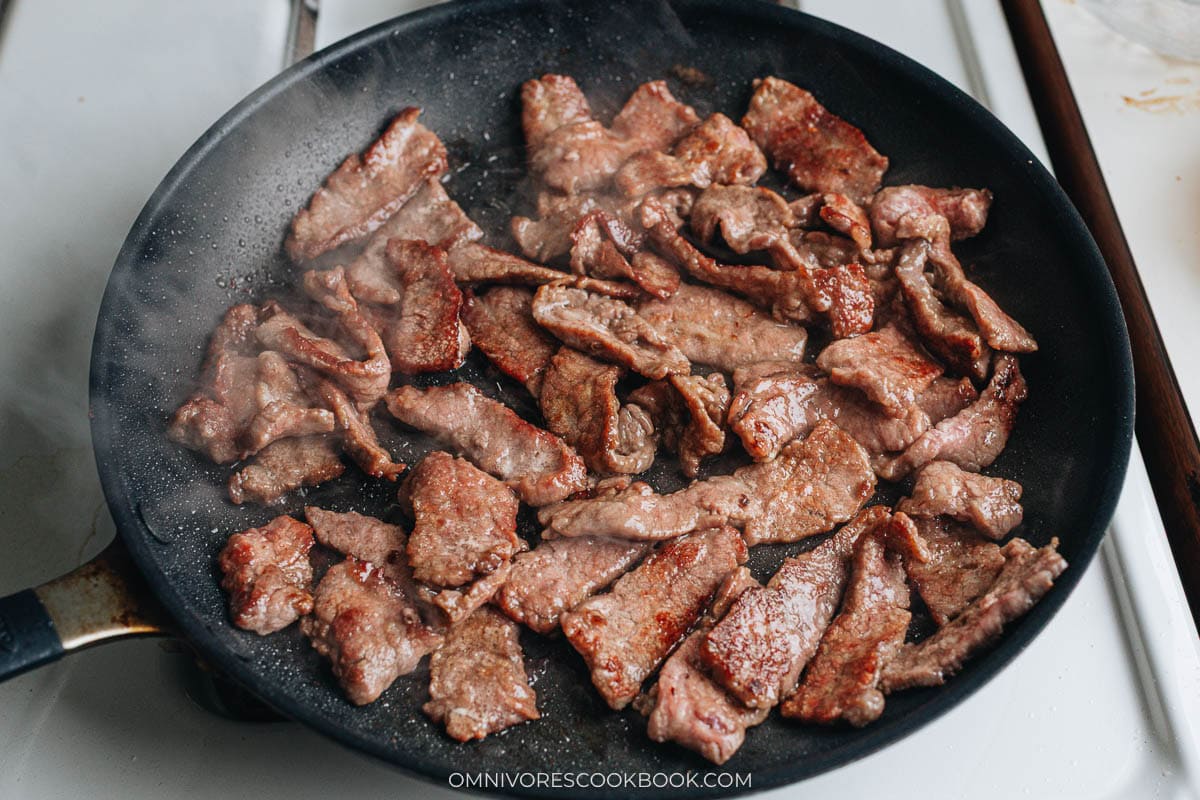 Searing beef in a hot pan