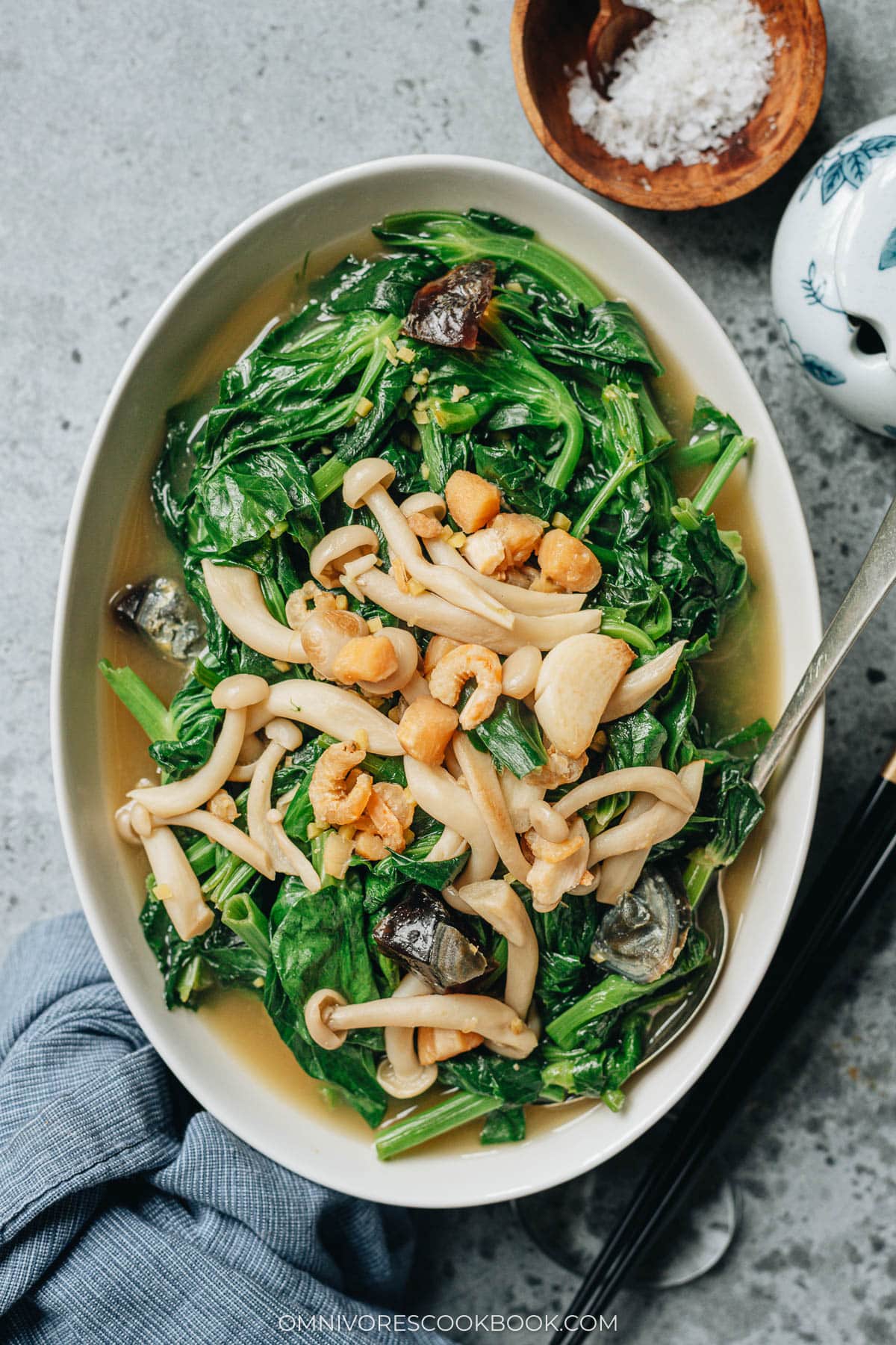 Chinese braised pea shoots with mushrooms