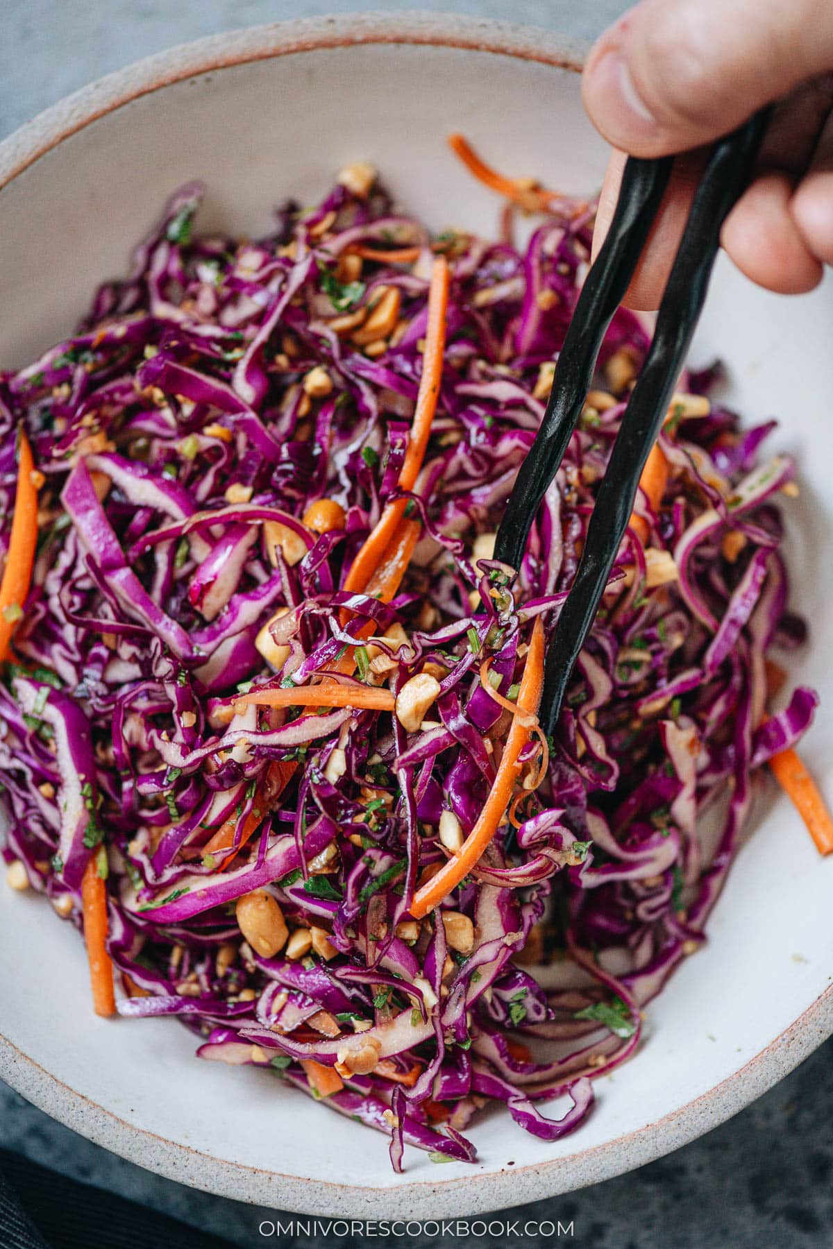 Chopsticks picking up Chinese coleslaw with cabbage, carrots, and peanuts coated in tangy dressing.