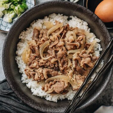 A bowl of gyudon with thinly sliced beef and onions simmered in savory sauce served over steamed rice, with small dishes of scallions, shichimi togarashi, and a raw egg beside it.