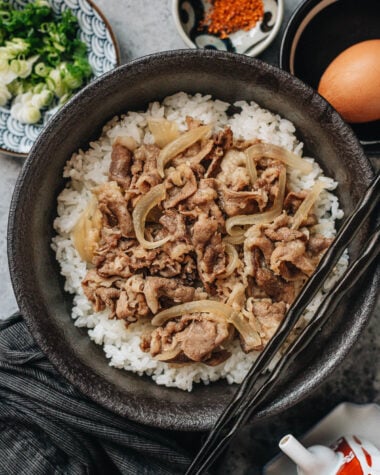 A bowl of gyudon with thinly sliced beef and onions simmered in savory sauce served over steamed rice, with small dishes of scallions, shichimi togarashi, and a raw egg beside it.
