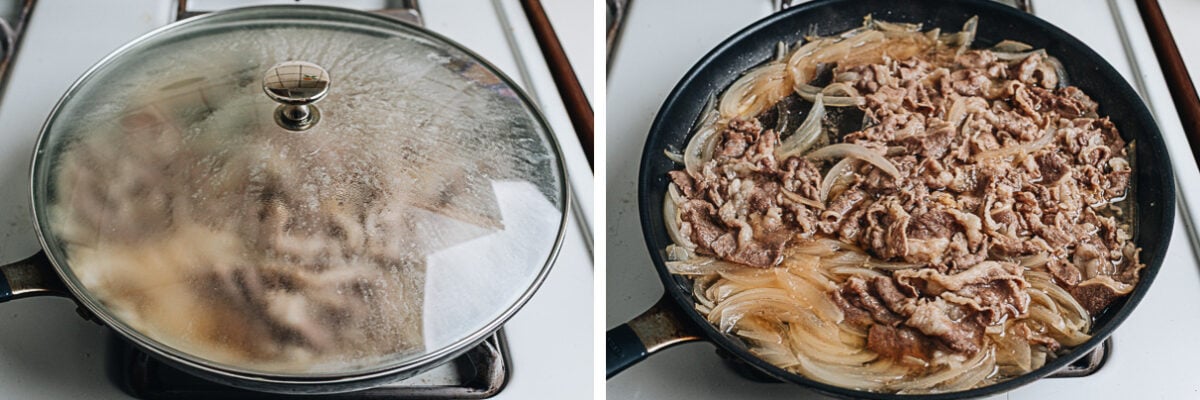 Two-step cooking process showing beef and onions simmering in broth: left image with the pan covered, right image after cooking with tender beef and caramelized onions visible.