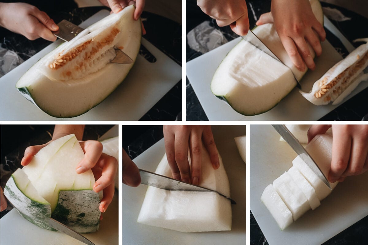 Step-by-step pictures showing how I cut winter melon for making soup
