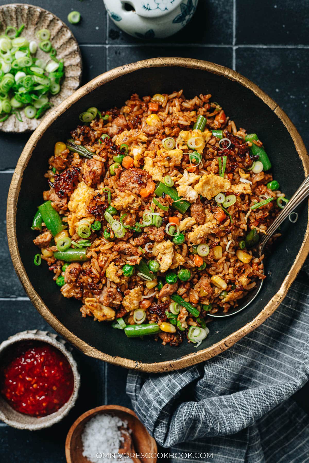 ground pork fried rice with chili sauce