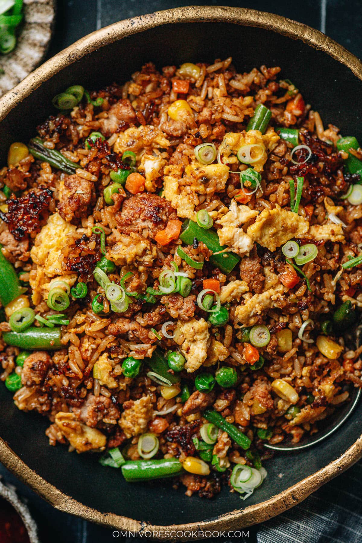 ground pork fried rice on a plate