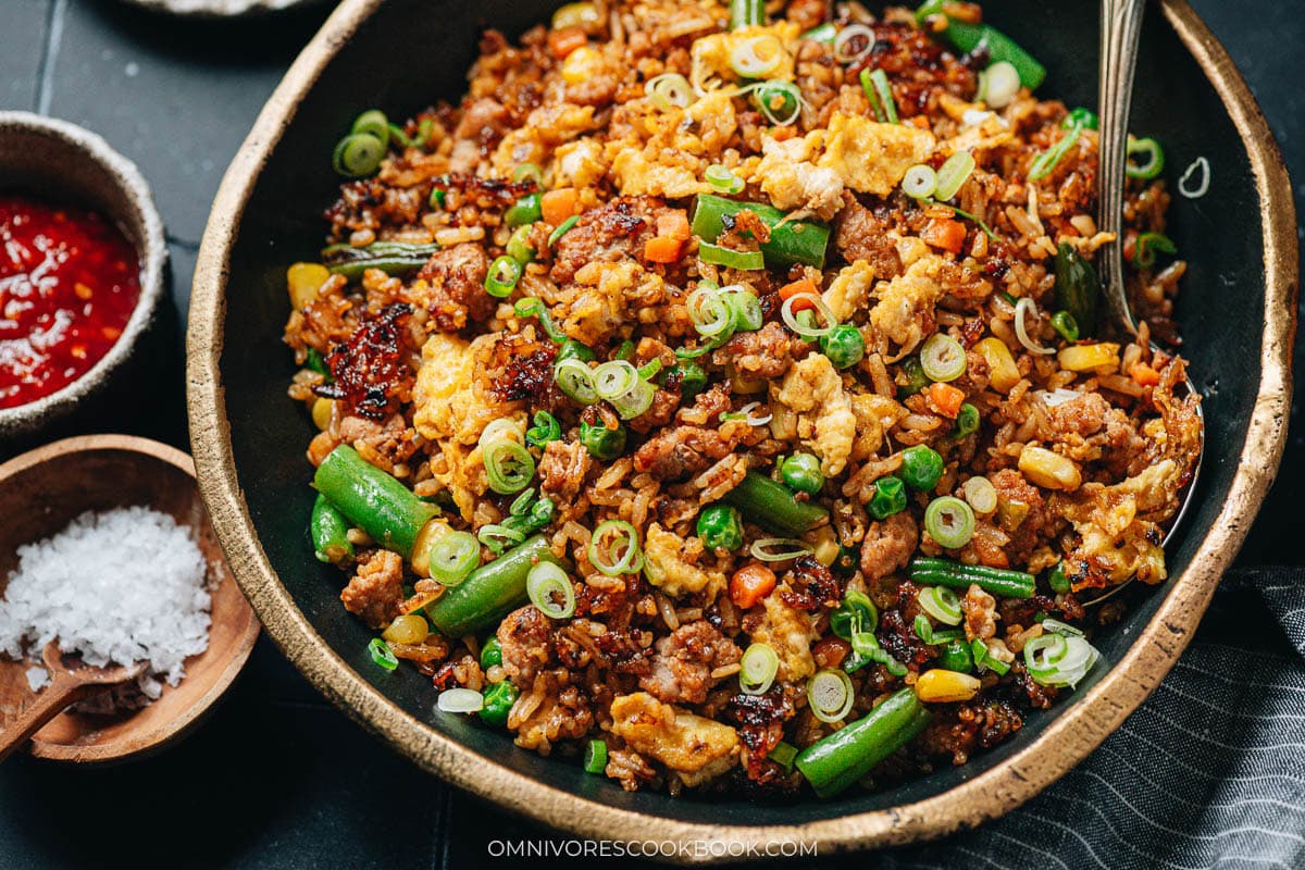 ground pork fried rice on a plate