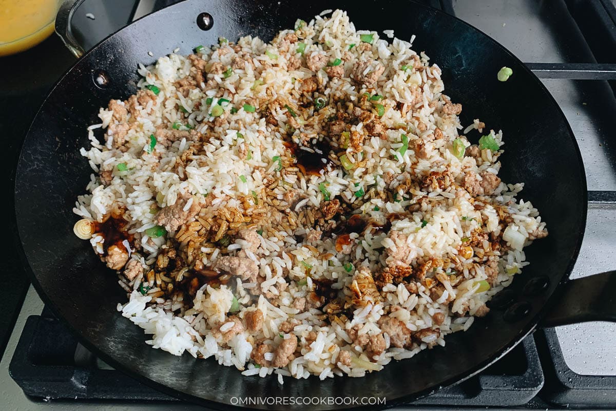 rice with sauces in a pan