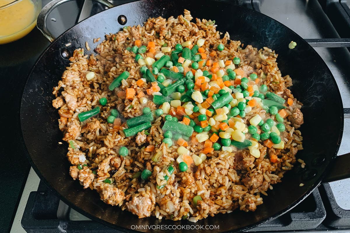 frozen veggies mixed with other ingredients in a pan