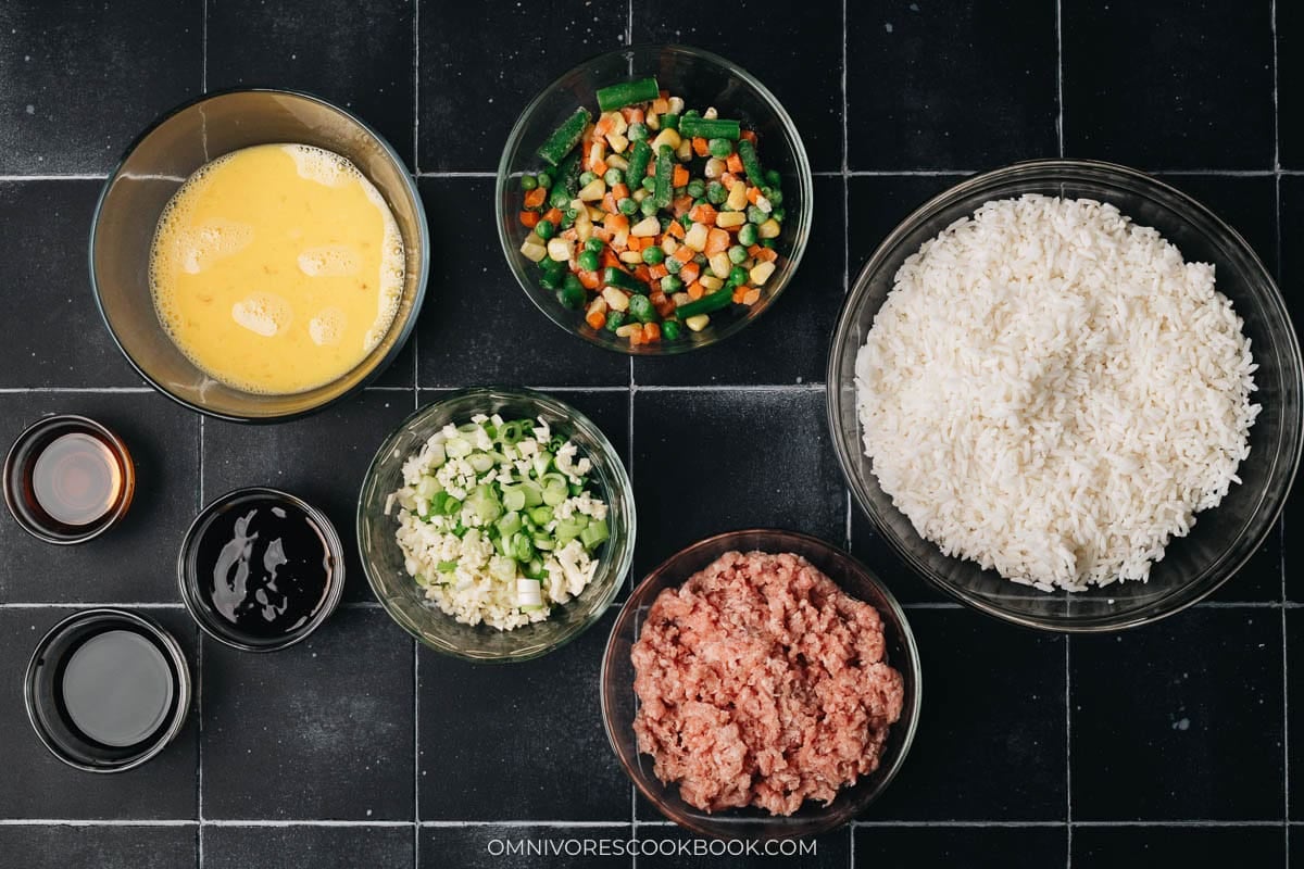 Ingredients for making ground pork fried rice